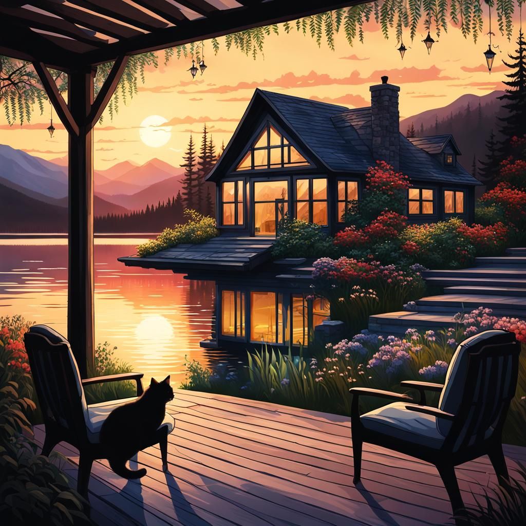 Lake House at Dawn with Cat, Detailed Matte Painting