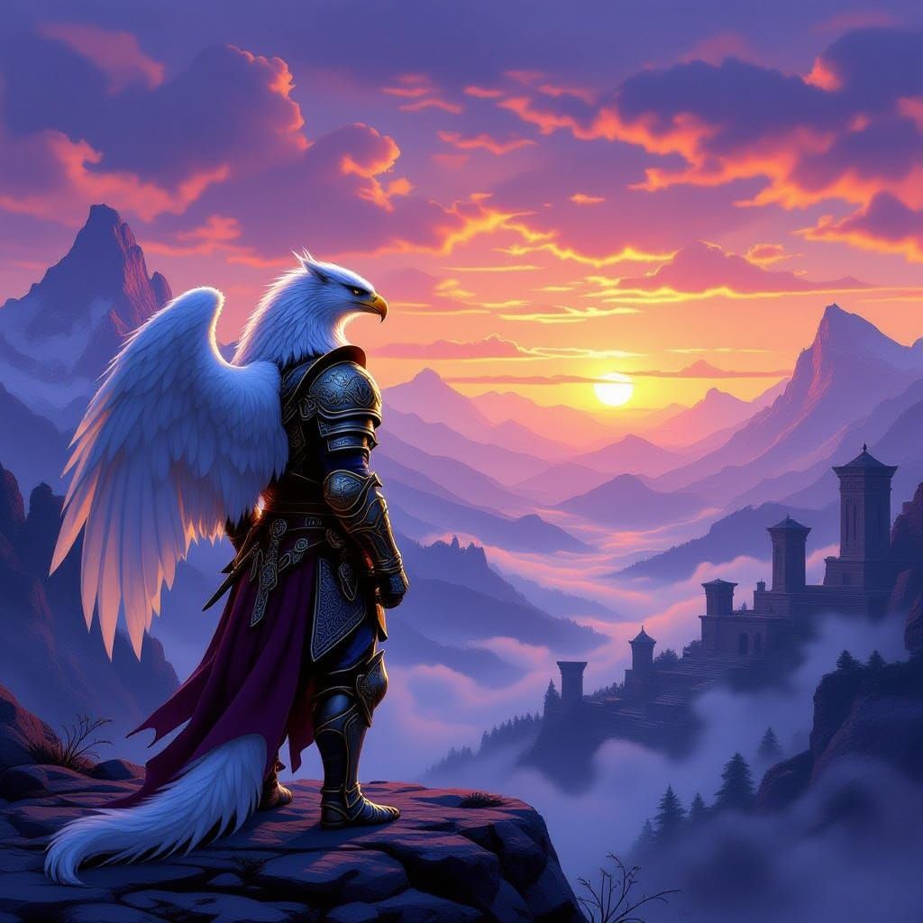 Majestic Griffin in Medieval Armor at Dawn Mountains