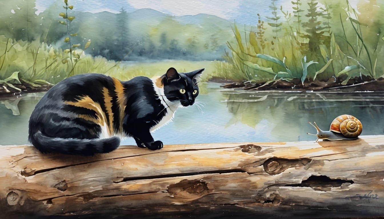 Watercolor Cat Watching Snail on Log