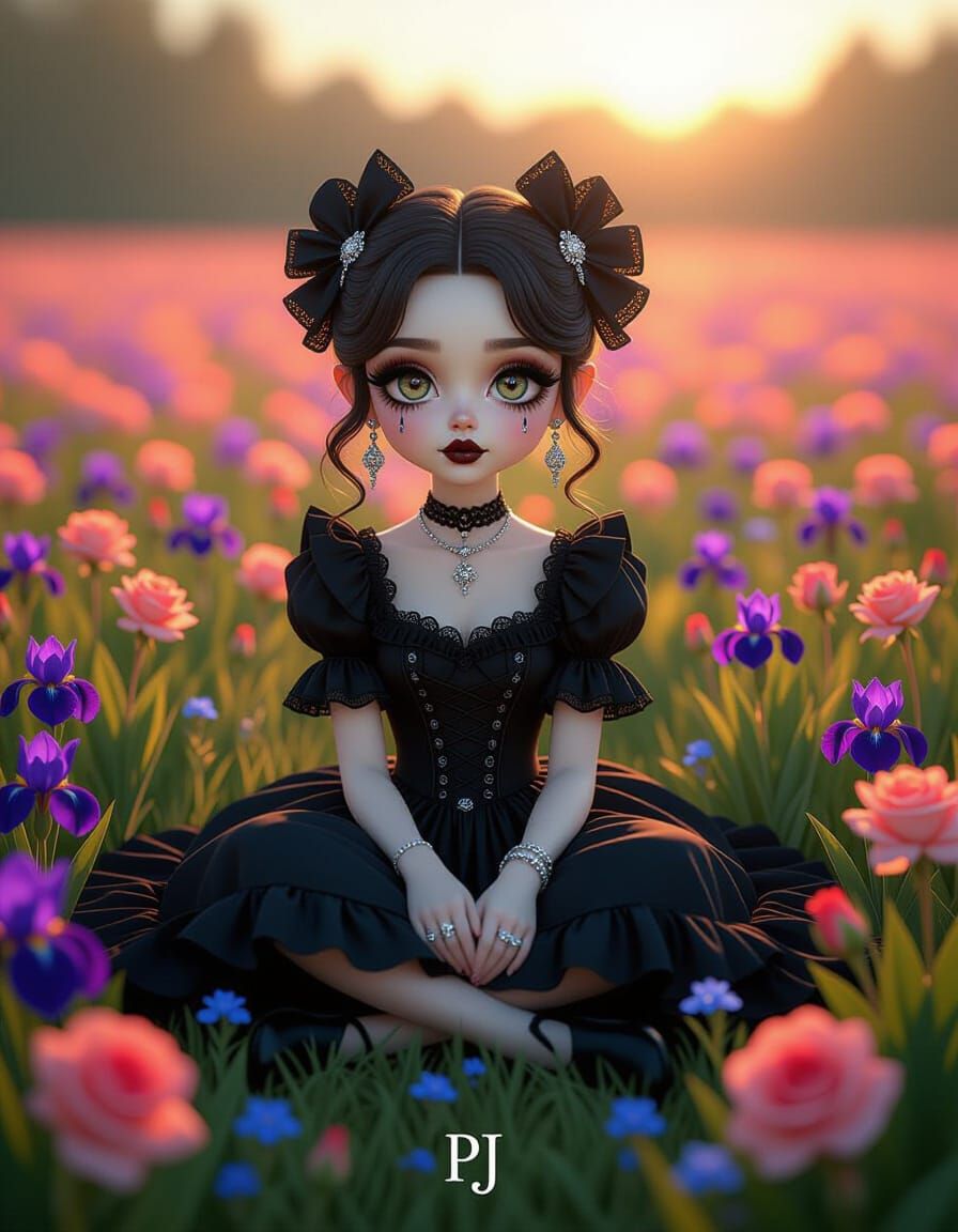 Gothling in Sunlit Field of Luminescent Flowers