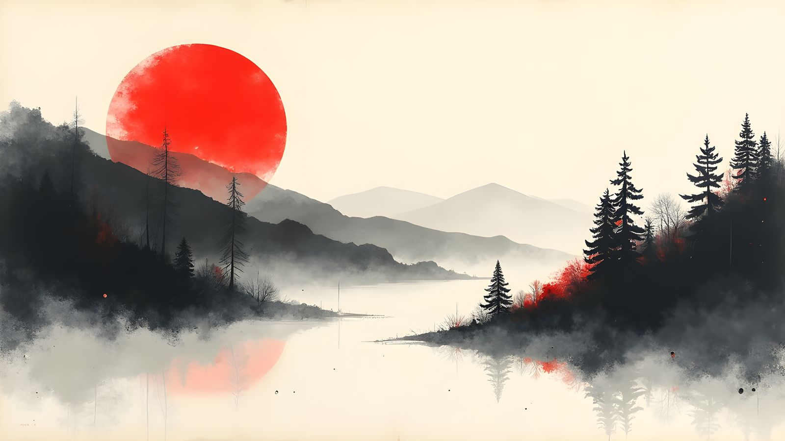 Minimalist Japanese Landscape in Red, Black, and White