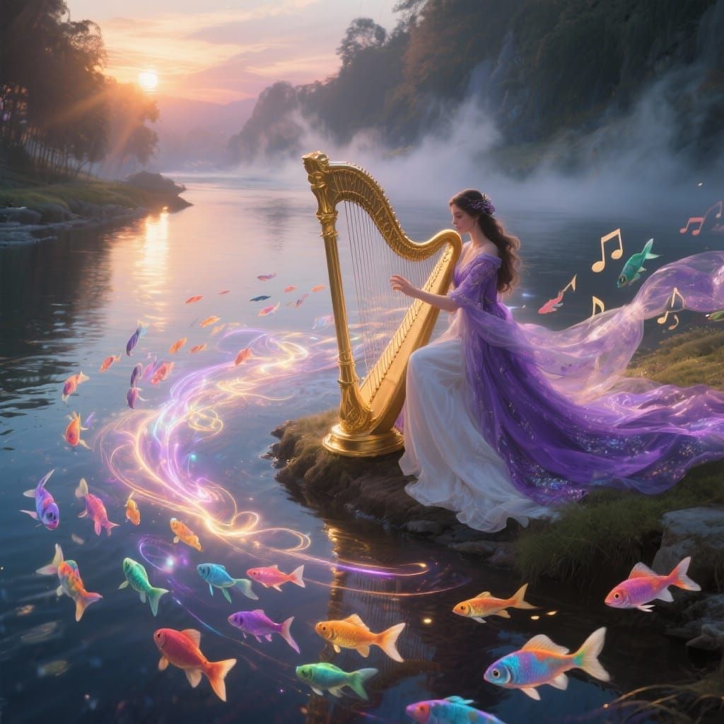 Magical Harpist by Serene River at Sunset