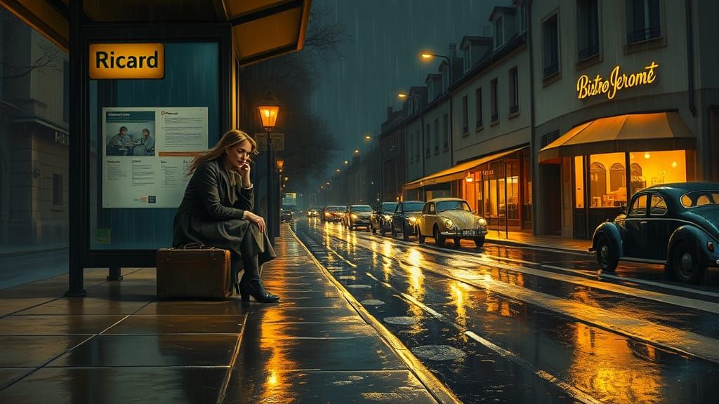 Rainy Night Bus Stop in Quaint European Town