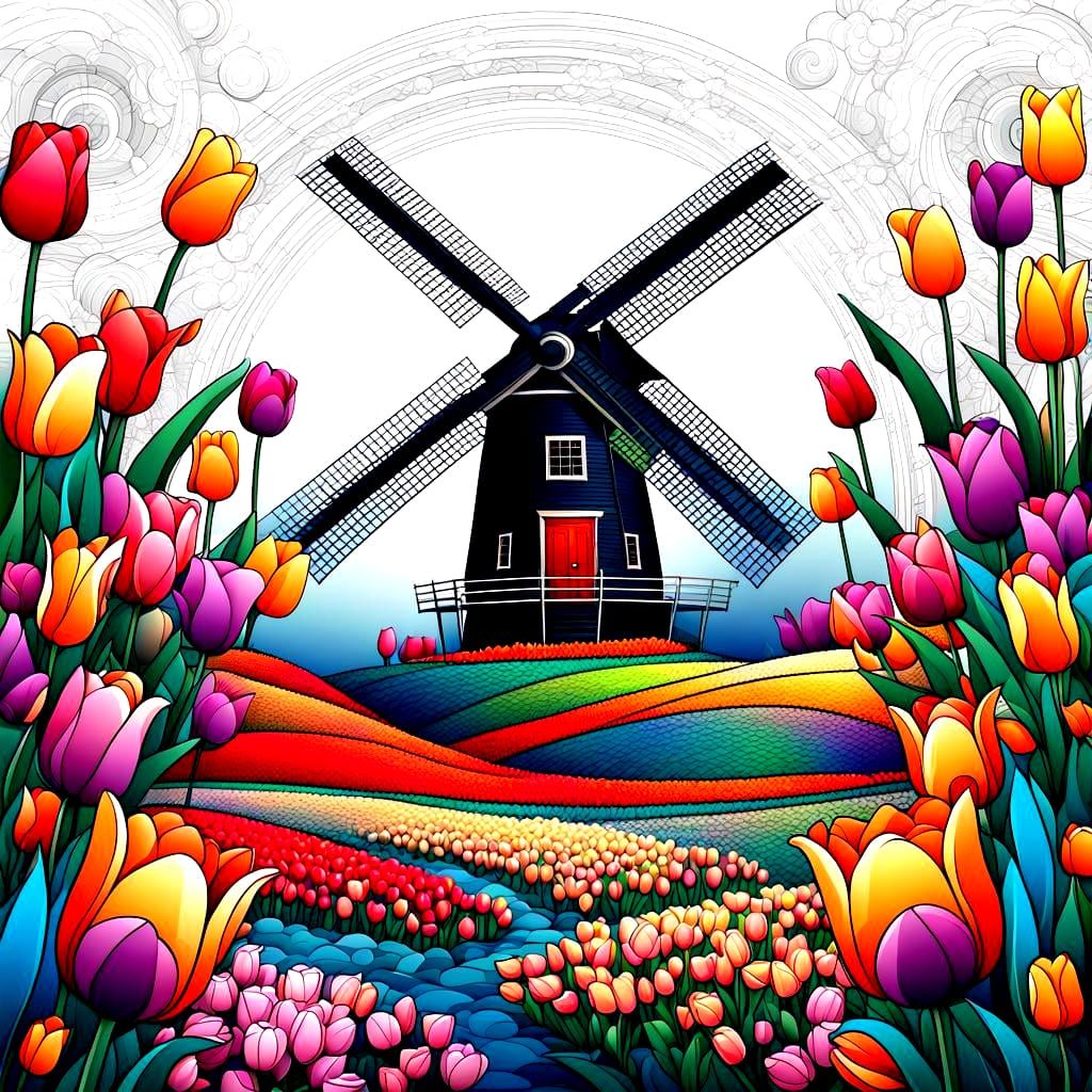 Windmill and Tulips in Abstract Vector Style