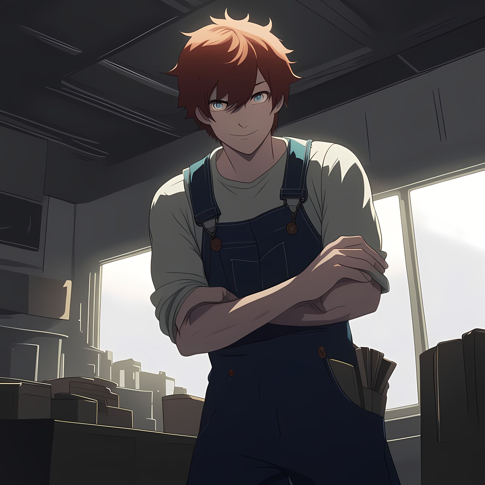Redheaded Mechanic Smiles with Grease Stains in Anime Style