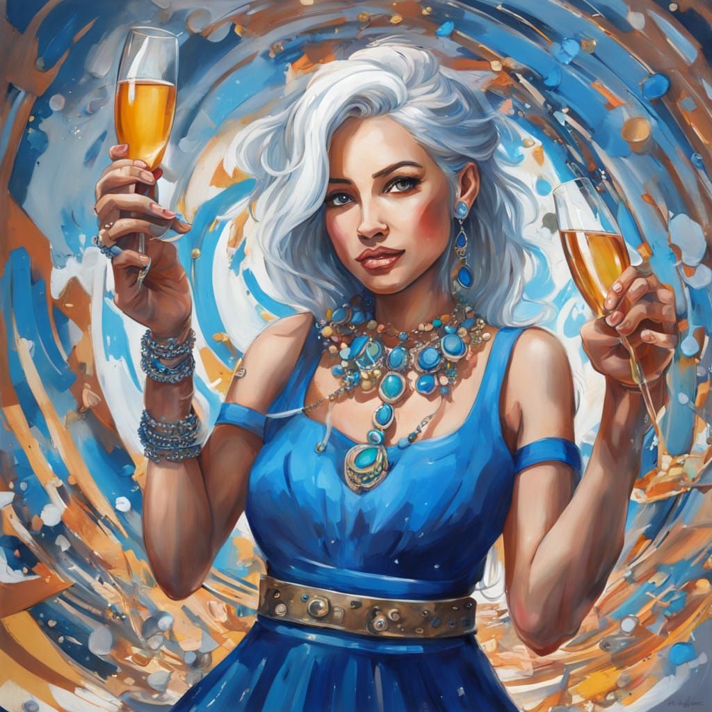 Graffiti Art Girl in Blue Dress with Champagne