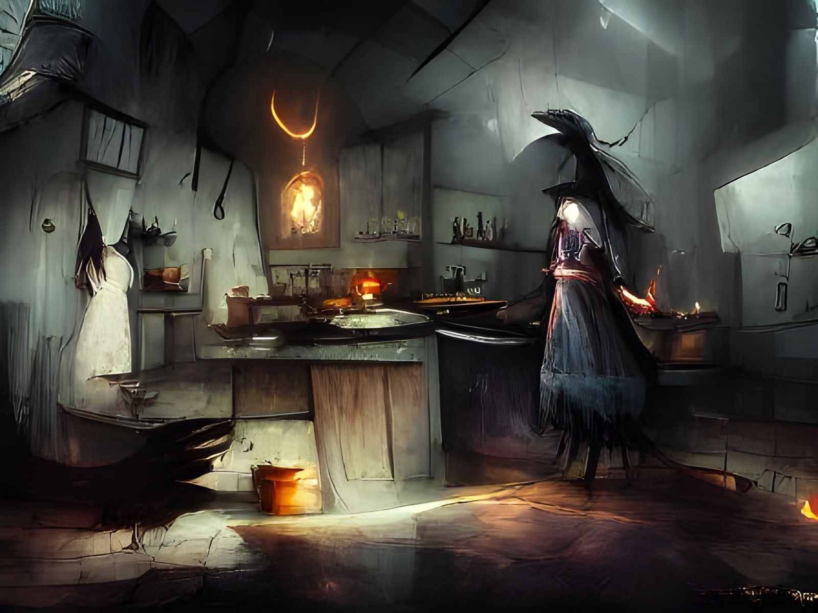 Ominous Fairytale: Witch in a Rustic Kitchen