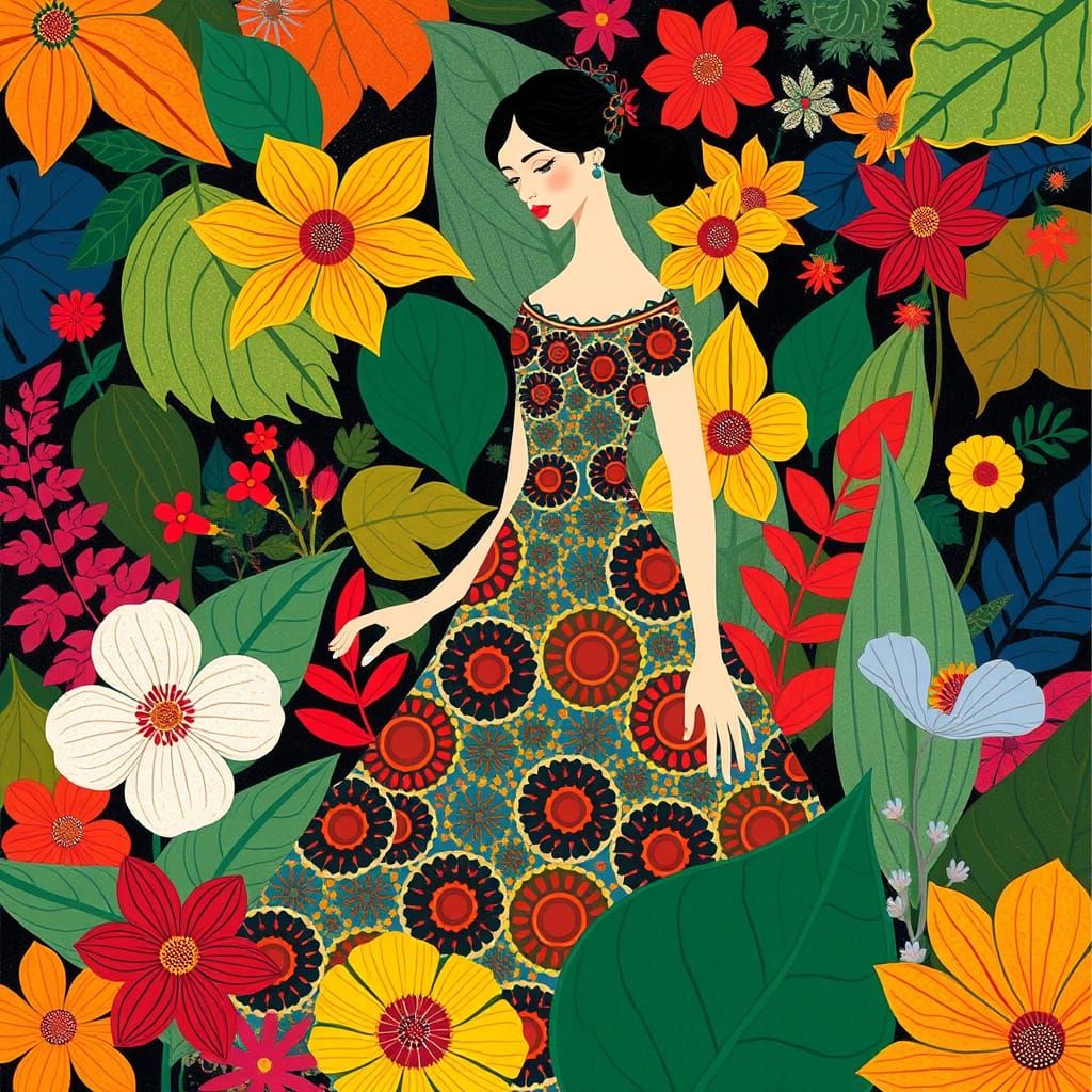 Whimsical Woman in Foliage: Surreal Folk Art