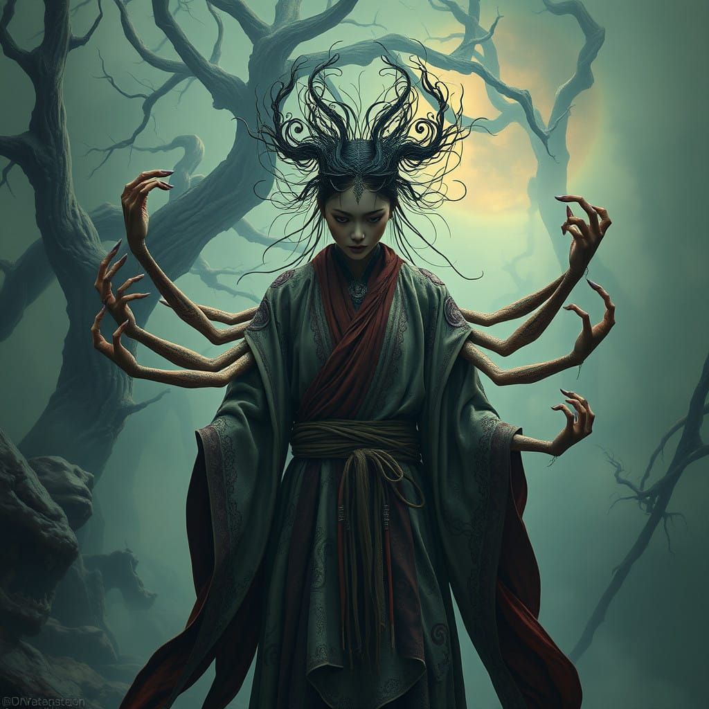 Ethereal Asian Goddess with Elongated Limbs and Mystical Rob...