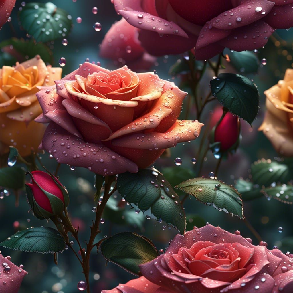 Lush Rose Garden with Dewdrops: Hyperrealistic Concept Art