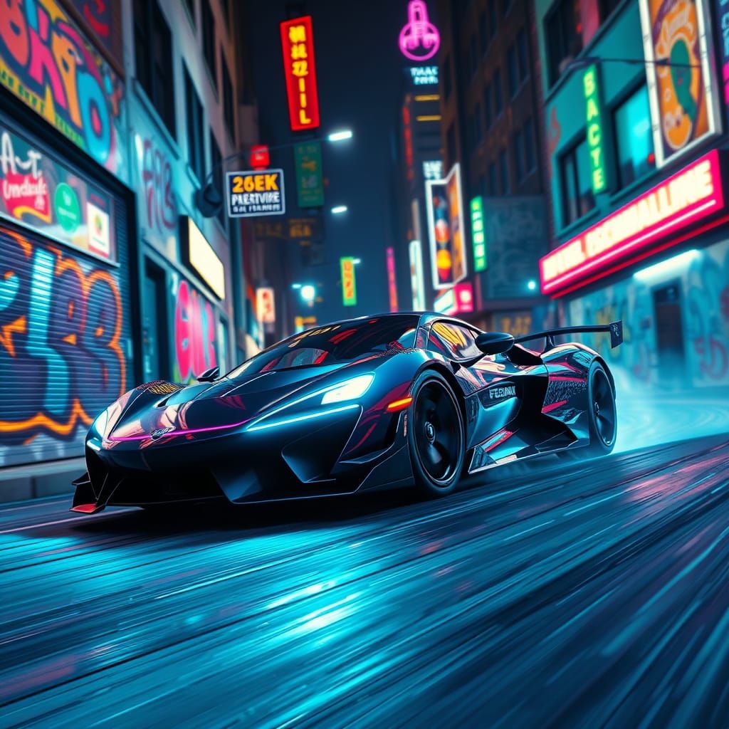 High-Tech Sports Car Zooms Down Neon City Street