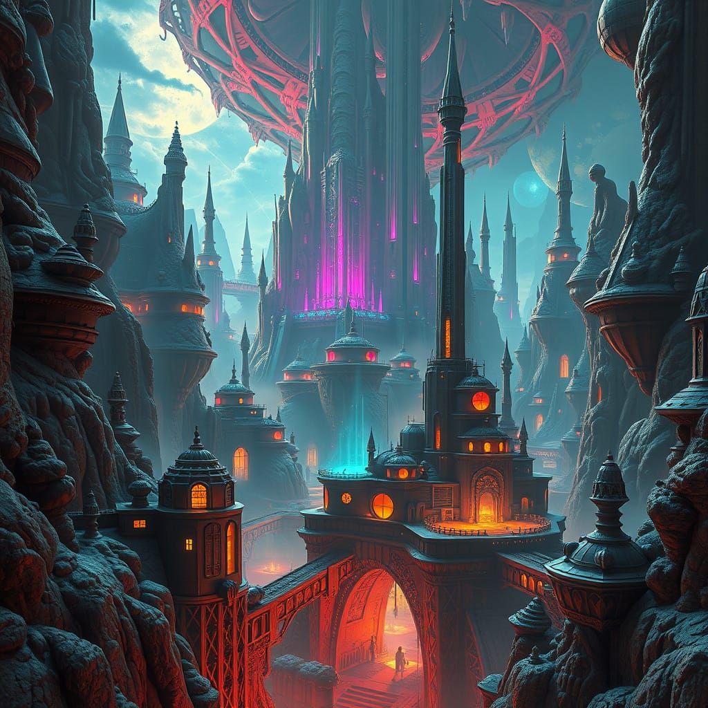 Ethereal Fantasy Realm in Vibrant, High-Contrast Digital Art
