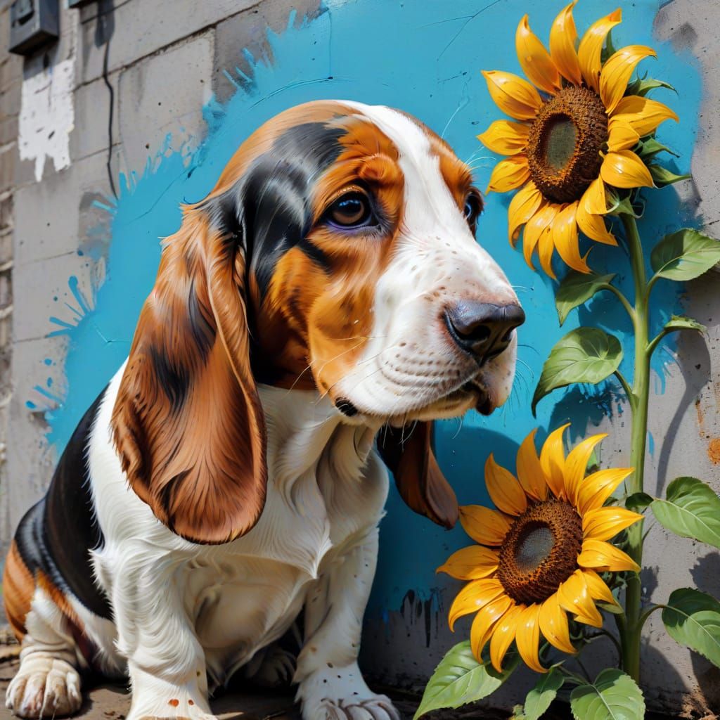 Adorable Basset Hound Pup Gazes at Sunflower in Graffiti Art...