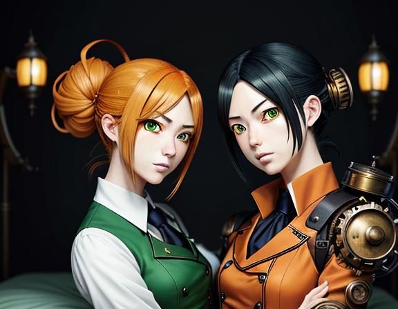 Steampunk Anime: Kemono Twin Sisters Kissing