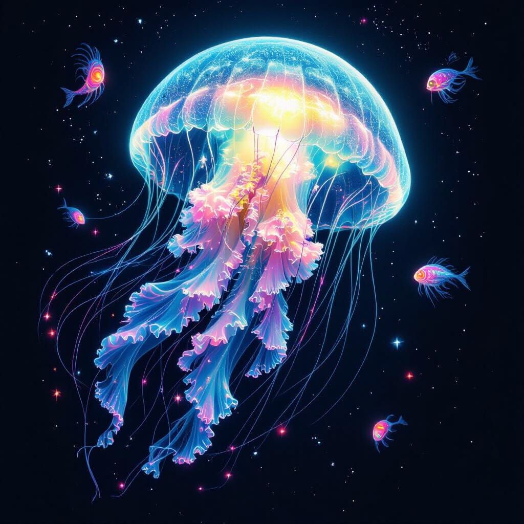 Bioluminescent Jellyfish Drifting in a Neon Deep Sea