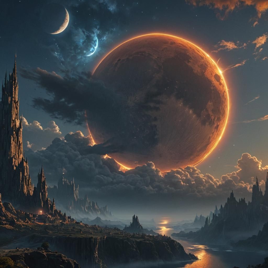 Fantasy Landscape: Sun and Moon in the Sky