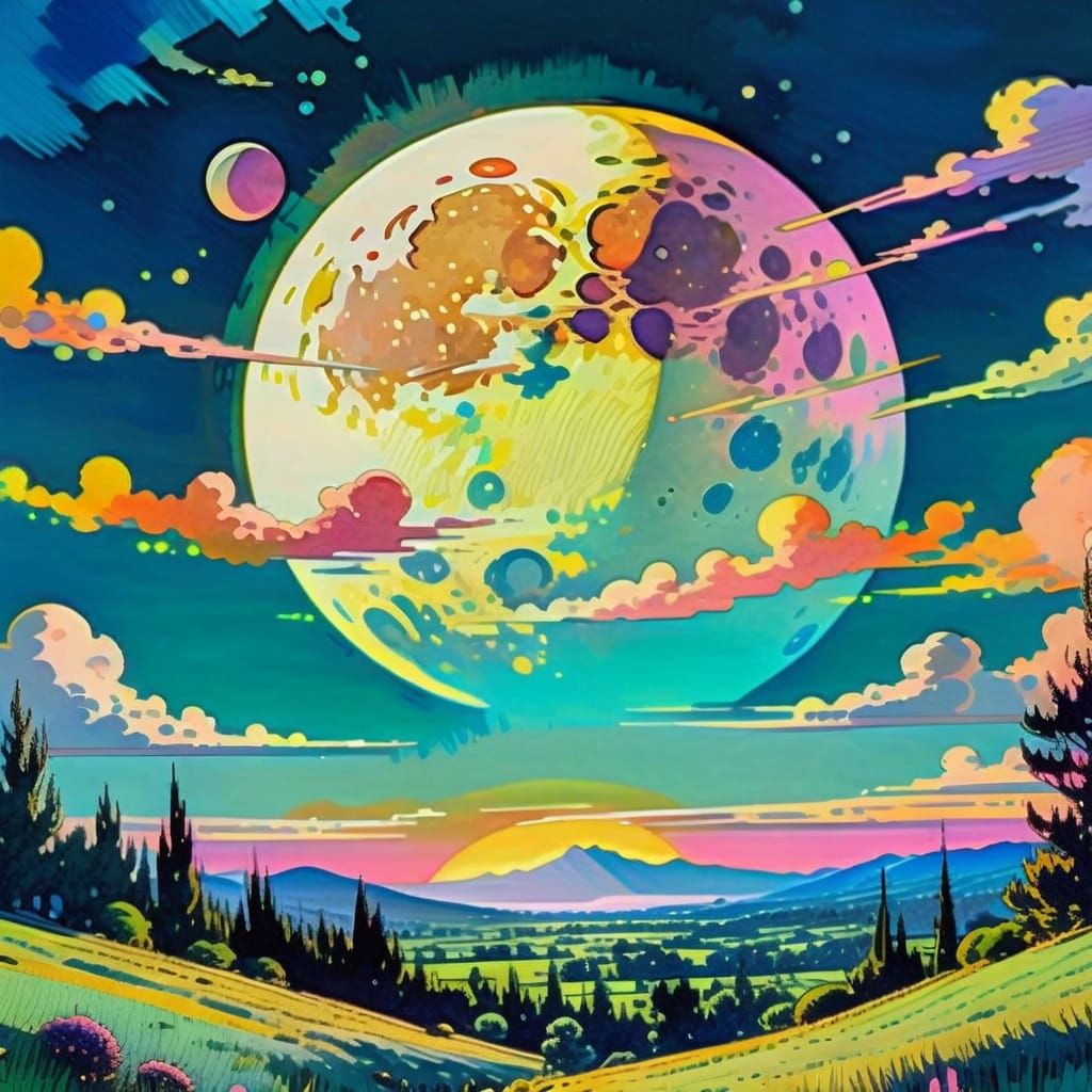 Vibrant Moon in Daytime Sky, Comic Art Style