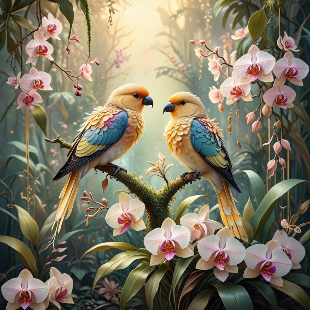 Exotic Birds and Orchids in Watercolor Style