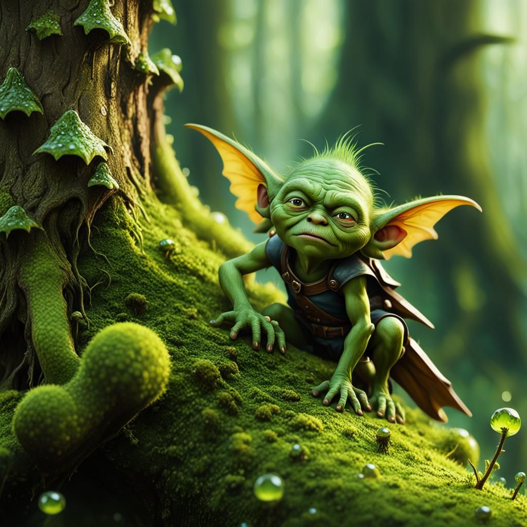 Grumpy Fairy-Goblin Climbs Human Finger: Macro Digital Art