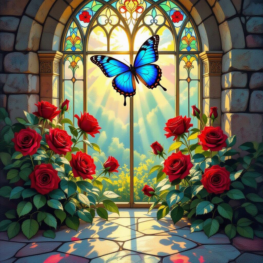 Blue Butterfly Stained Glass in Art Nouveau Style