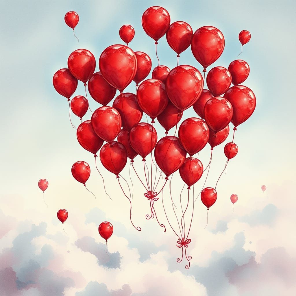 Ninety Nine Red Balloons Floating in Soft Watercolor Sky
