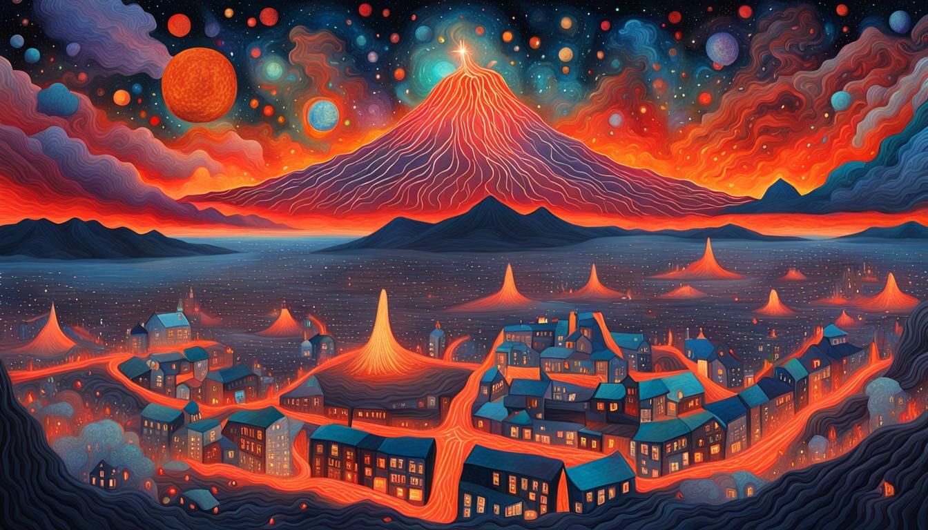 City Consumed by Lava: Cosmic Holographic Illustration