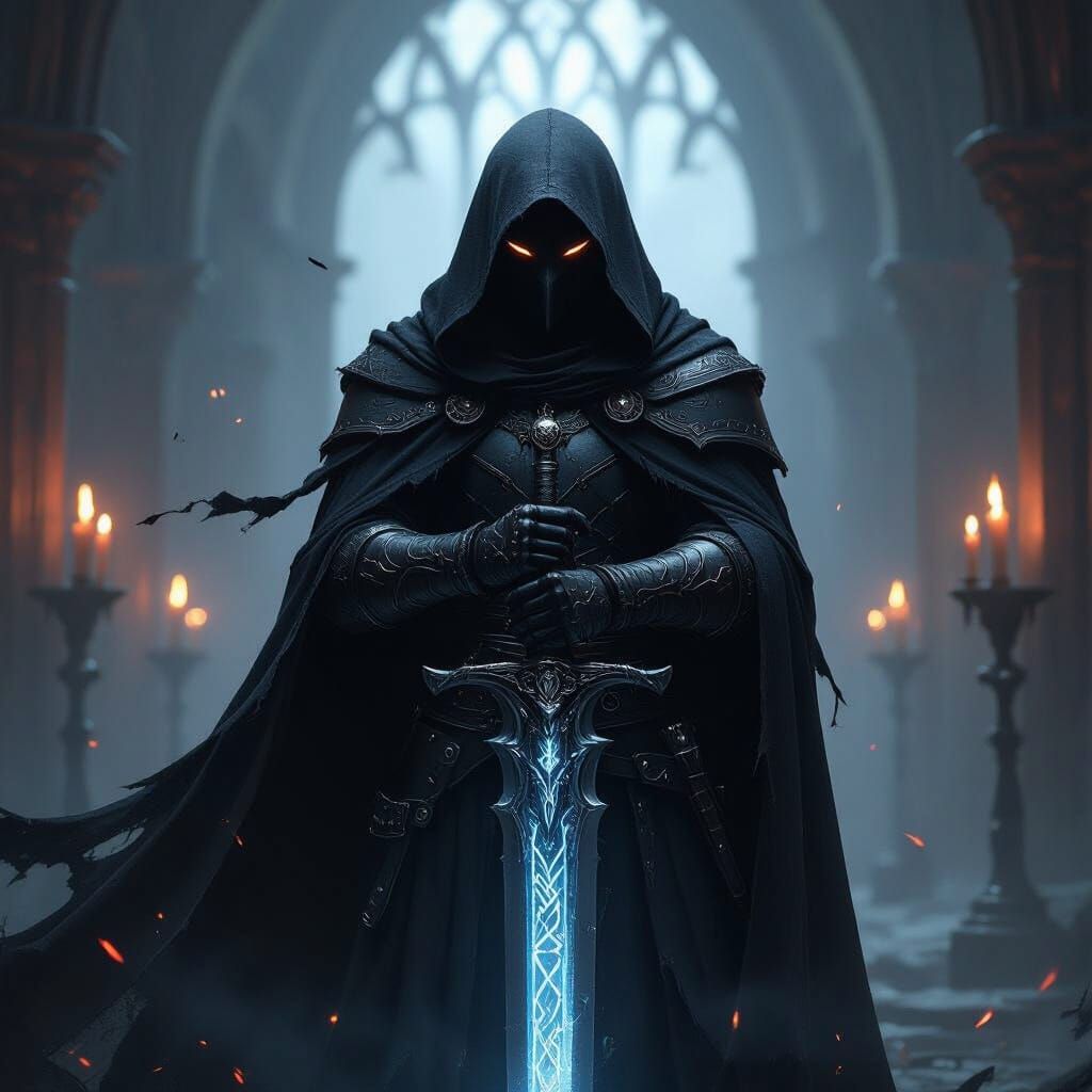 Dark Knight with Glowing Sword in Gothic Hall