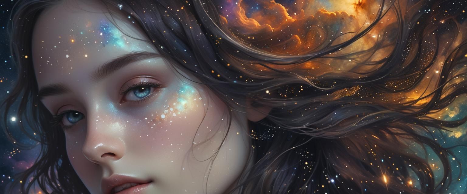 Girl Gazing at Nebula: Photorealistic Digital Portrait