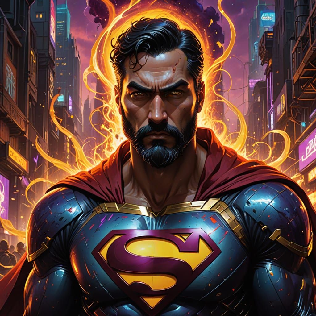 Wrathful Superman with Fiery Explosion Background