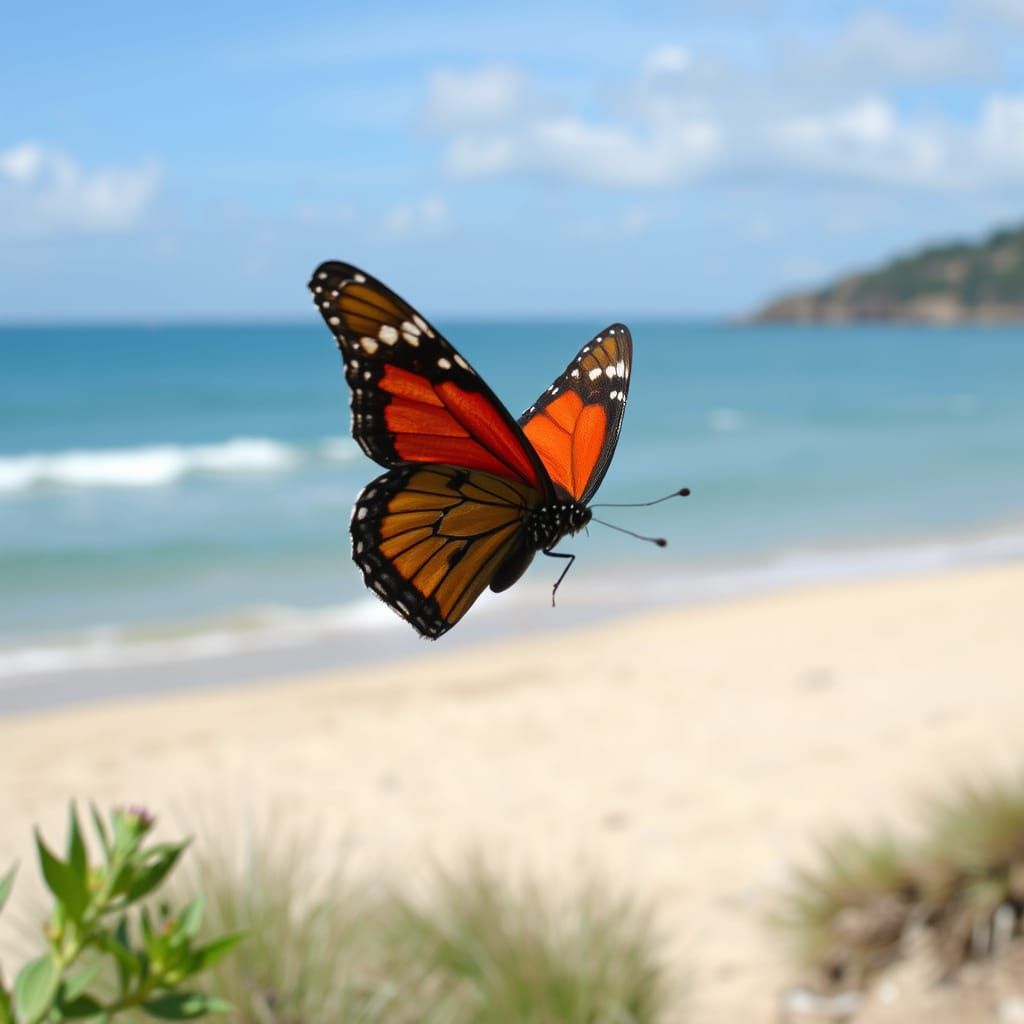 Butterfly Soars Over Tropical Beach