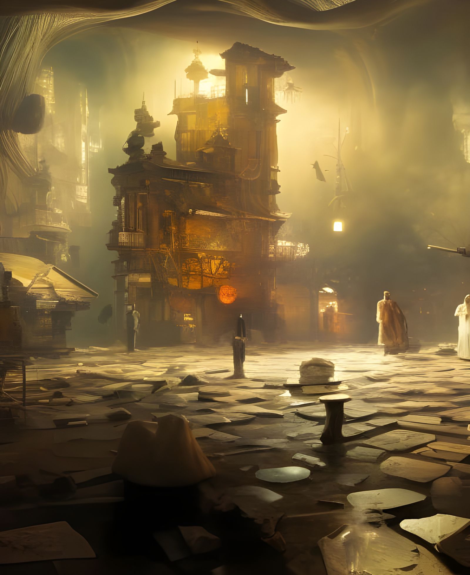 Nighttime Town Square: Surreal Digital Art