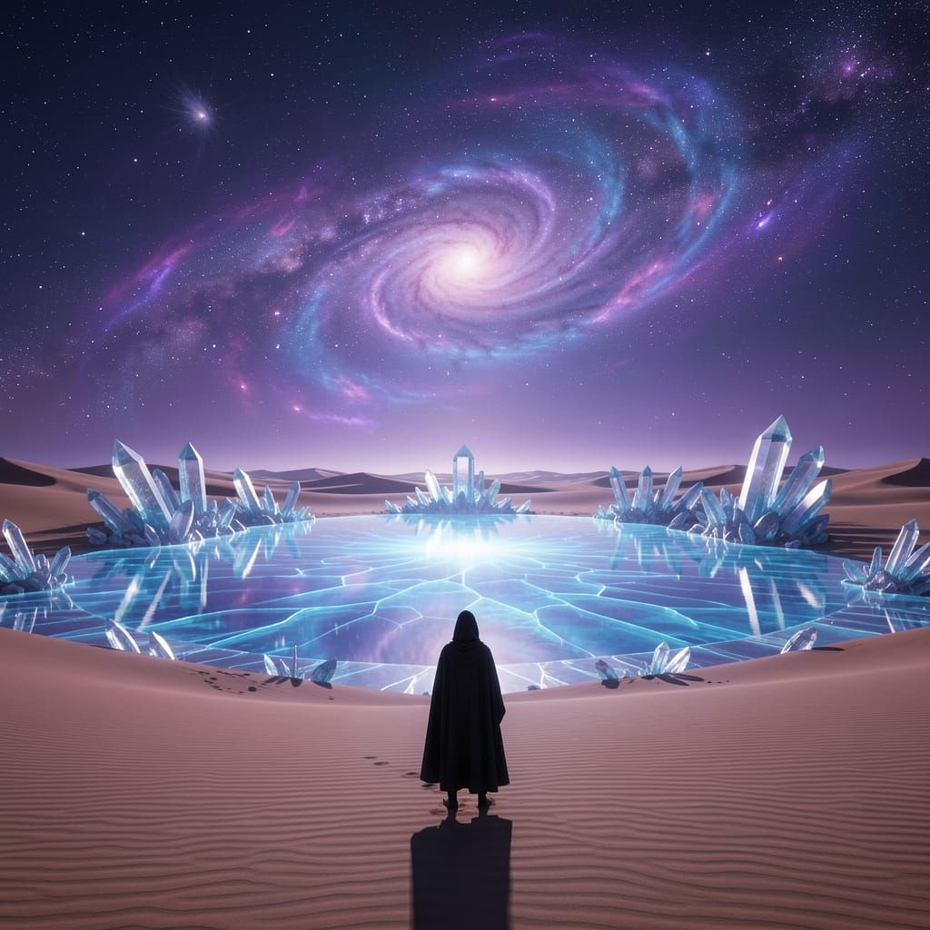 Alien Desert Oasis Under Nebula Sky