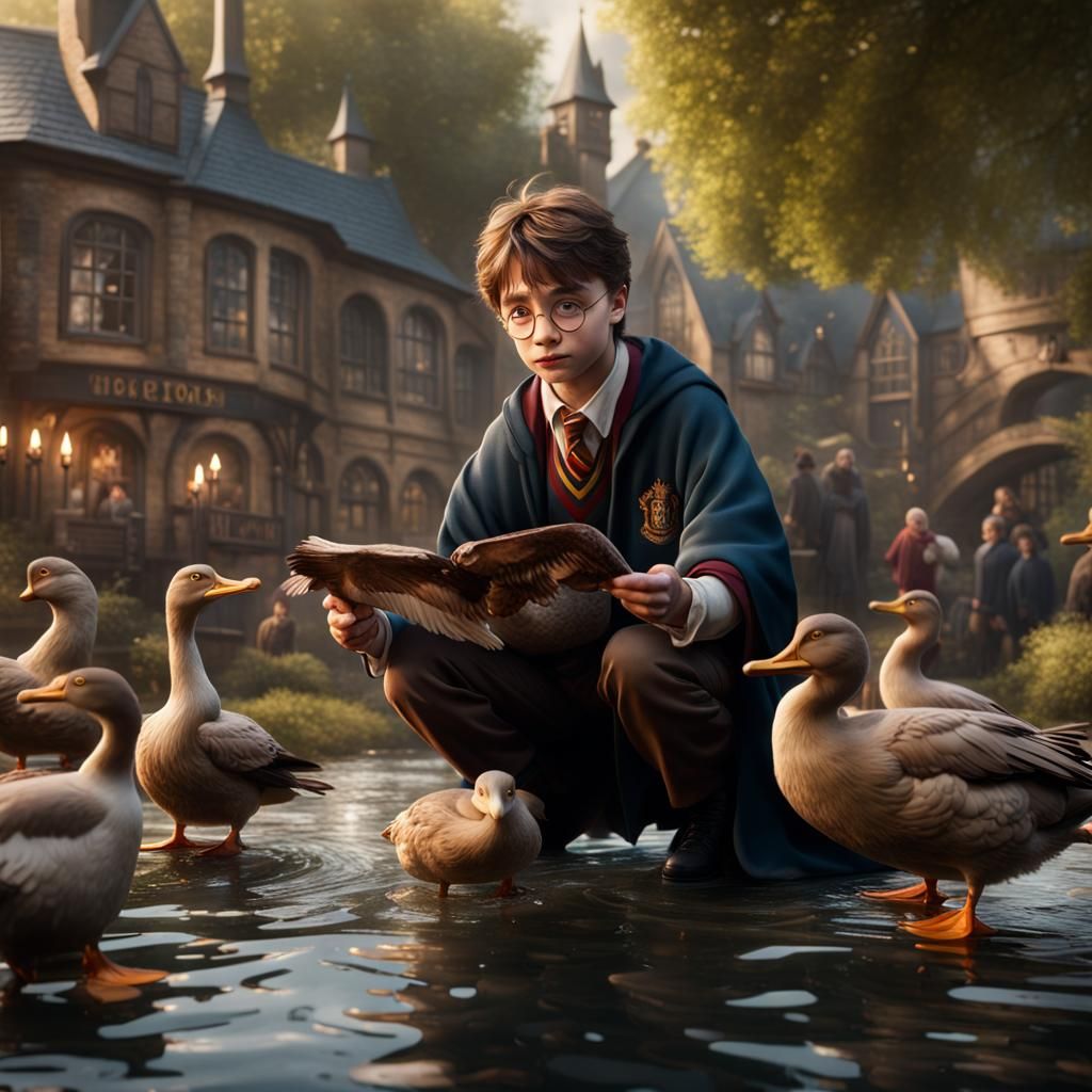 Harry Potter Feeding Ducks: Hyper-Realistic Art