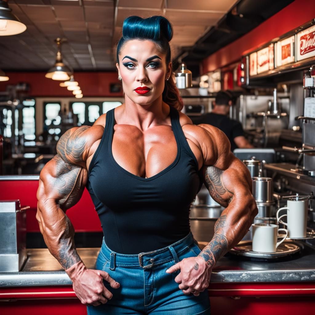 Muscular Waitress with Tattoos in Retro Diner
