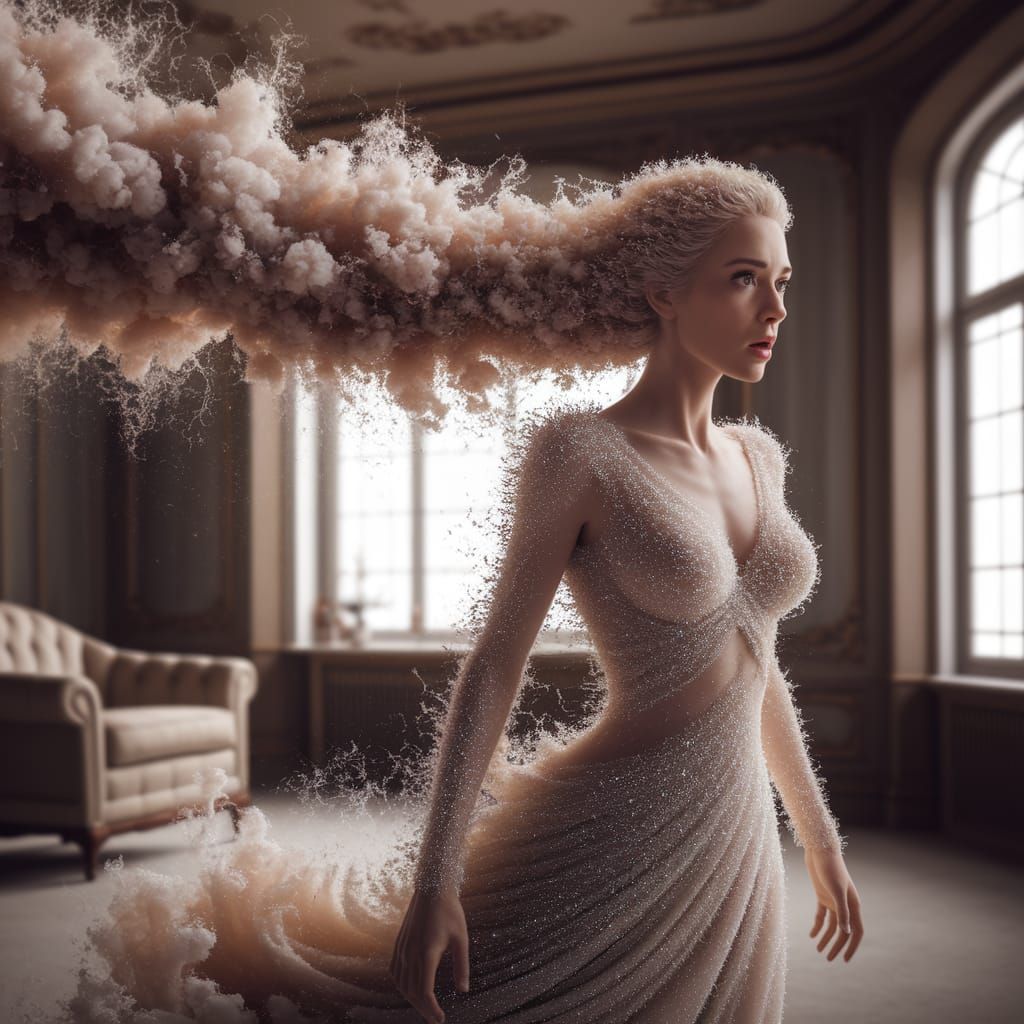 Shocked Woman Dissipating into Swirling Smoke