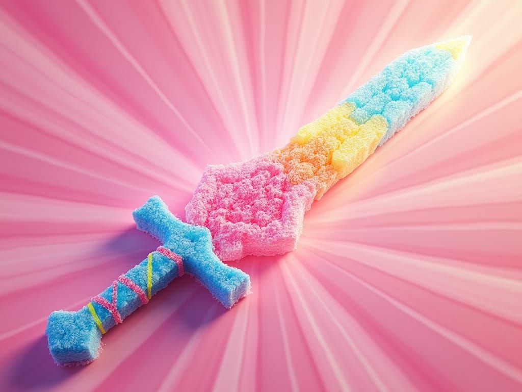 Surreal Candy Sword in Vibrant, Glittering Landscape