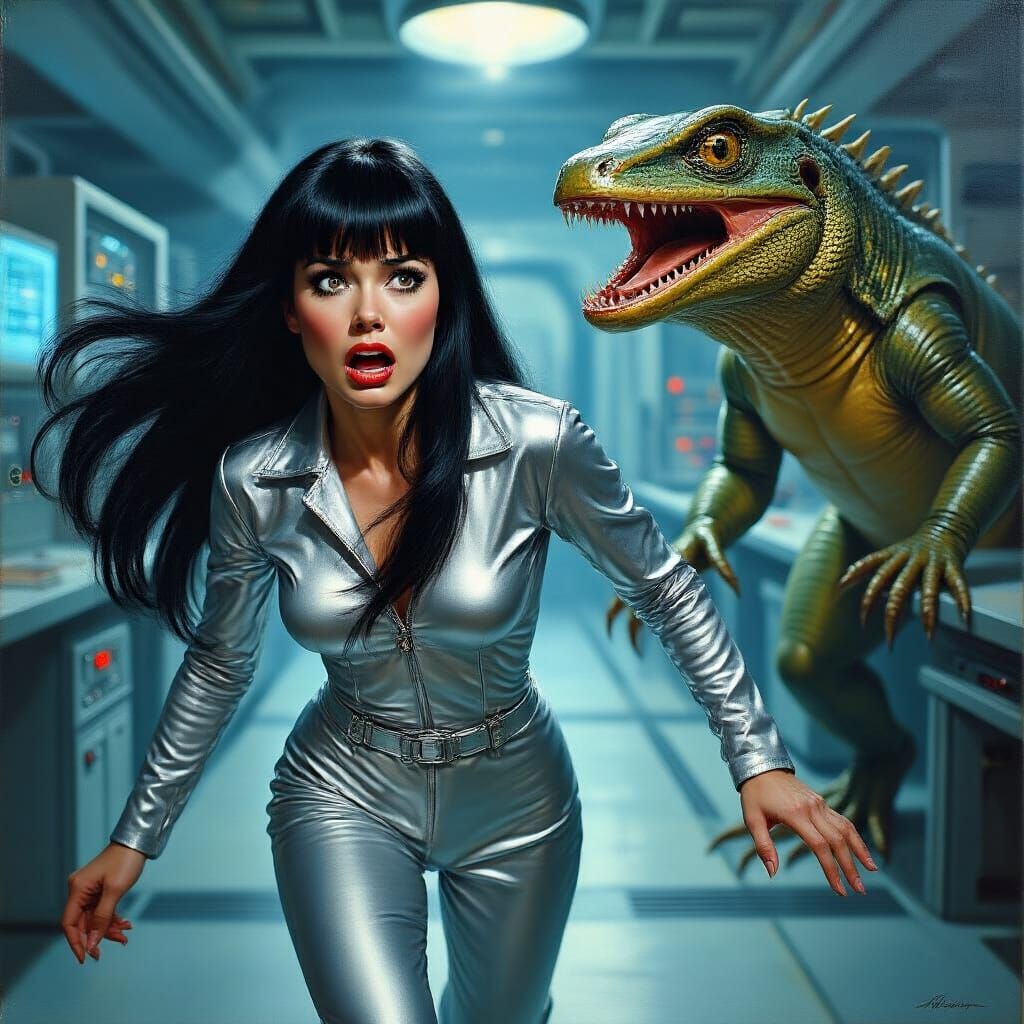 Terrified Woman Fleeing Lizard in Retro Sci-Fi Painting