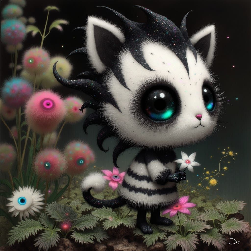 Whimsical Chibi Zebra Creature in a Fantastical Floral Realm