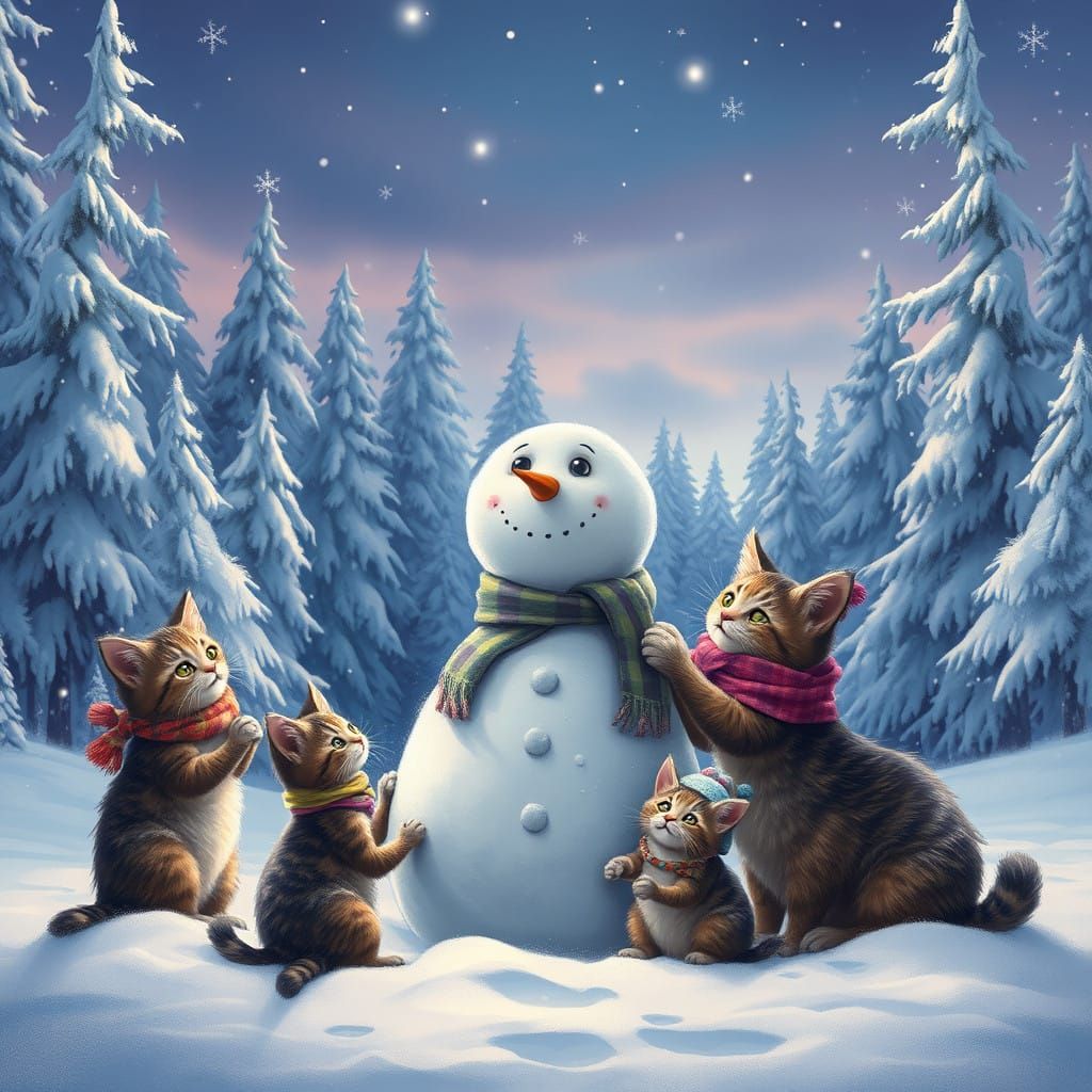 Majestic Snowman Built by Whimsical Feline Family