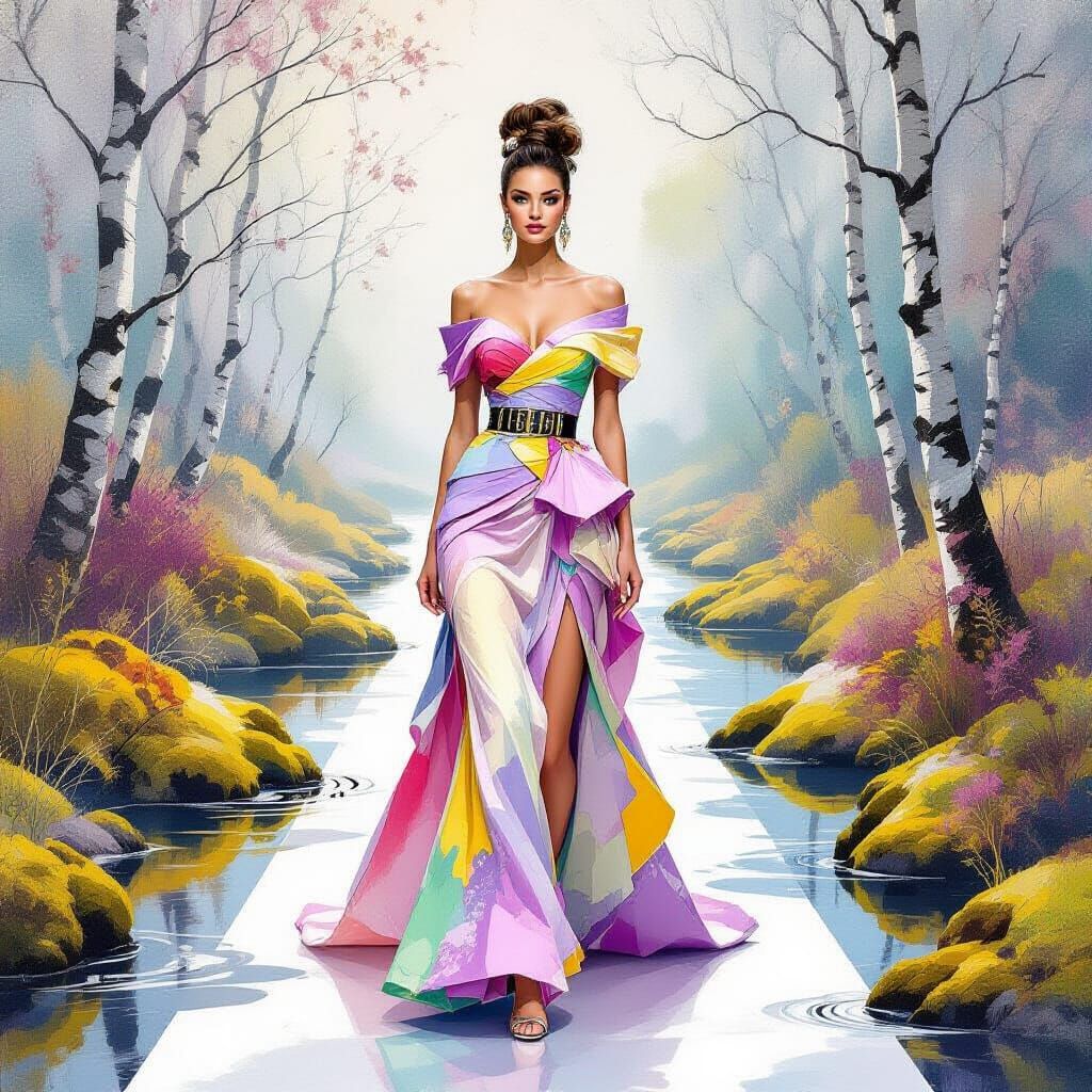 Fashionista in Dreamy Landscape - Gouache Watercolor Impress...