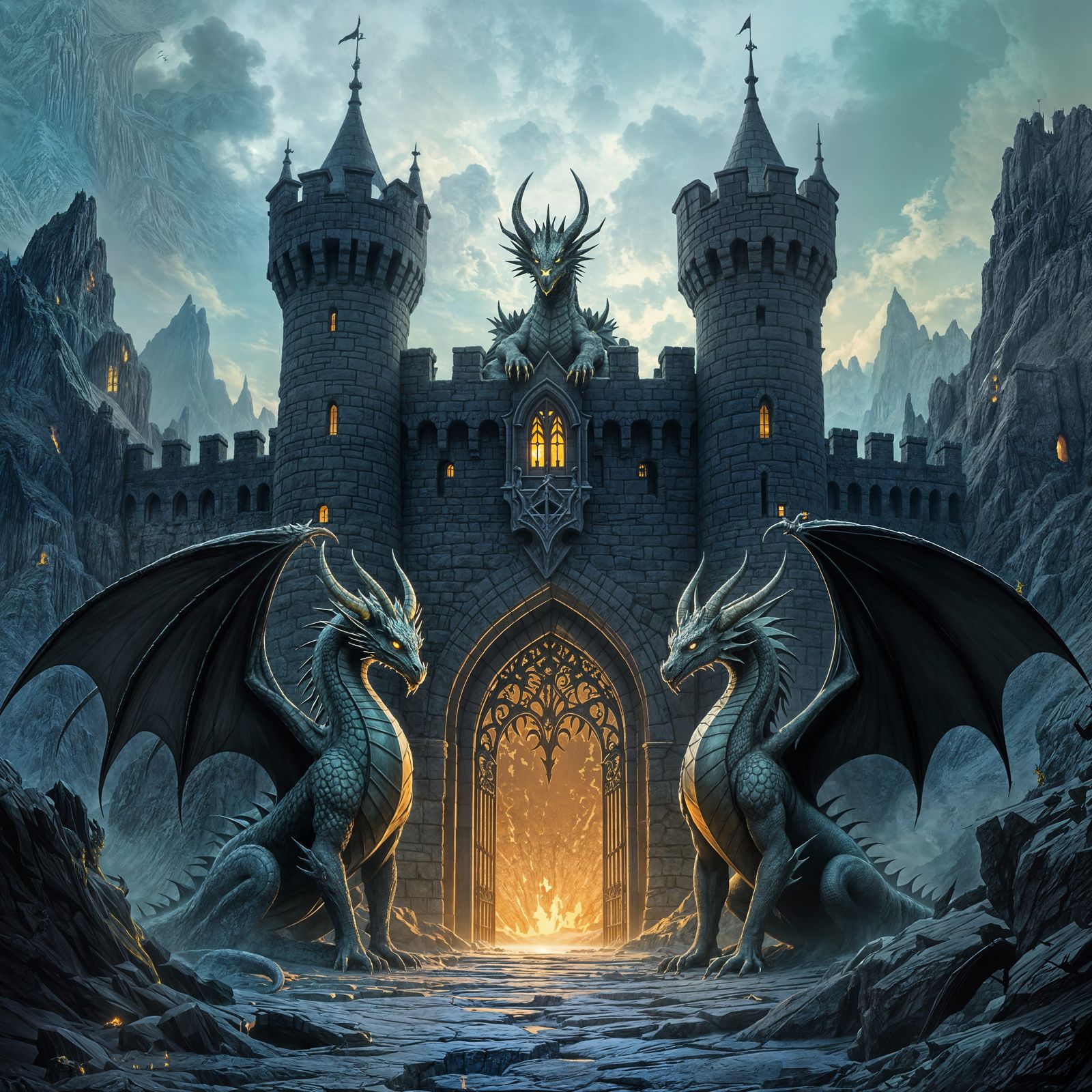 Gothic Stone Castle Entrance Guarded by Dragons