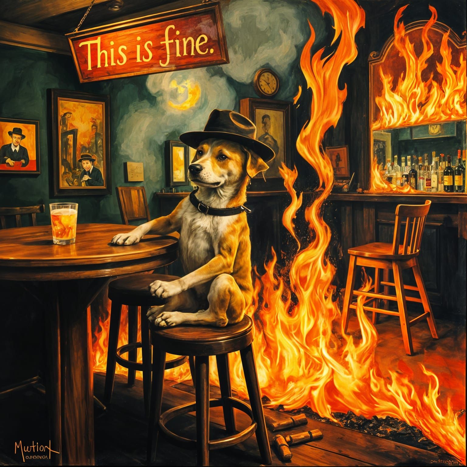 A Canine Bartender Amidst Inferno in Munch's Style