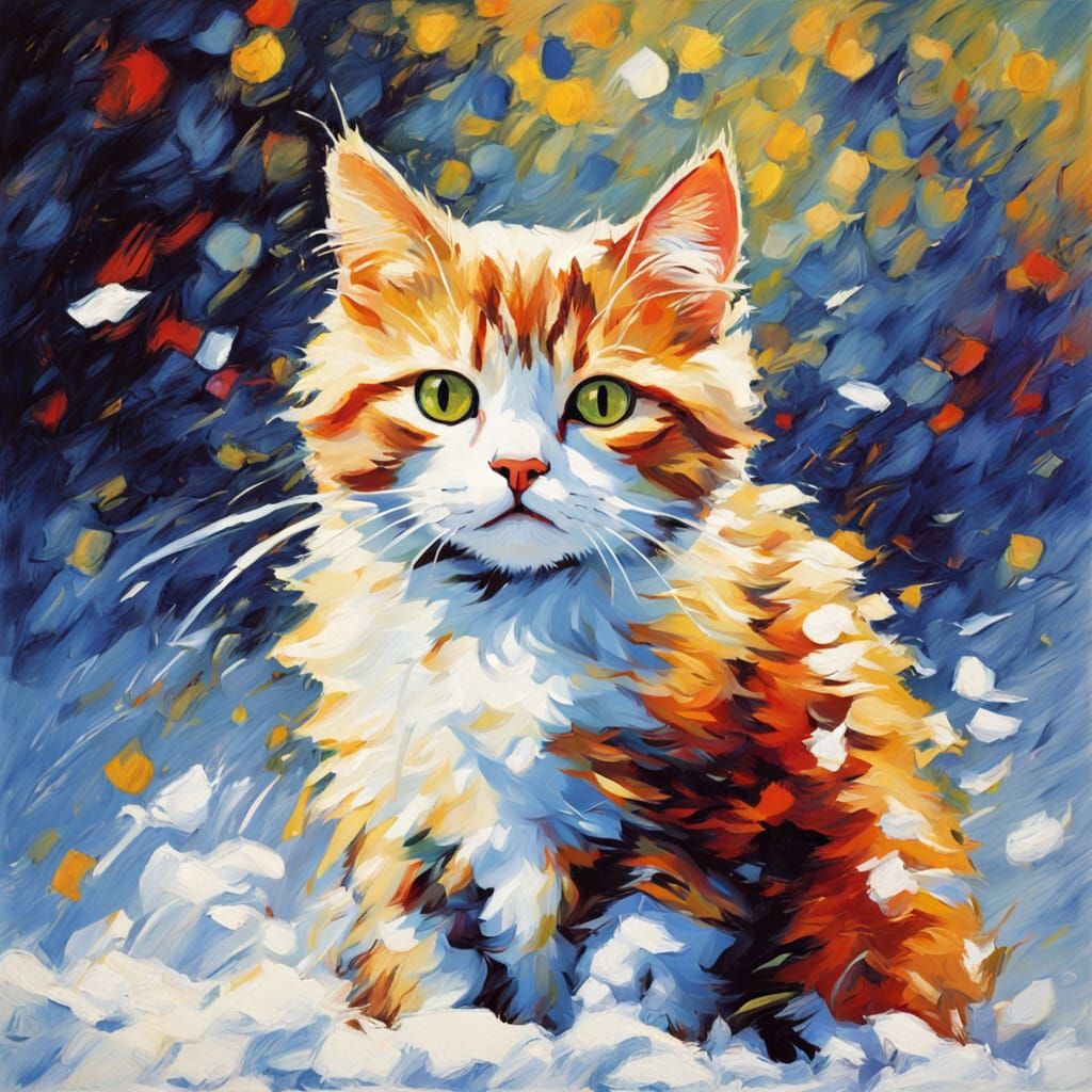 Red Chibi Cat in Snow as Neo-Impressionist Oil Painting