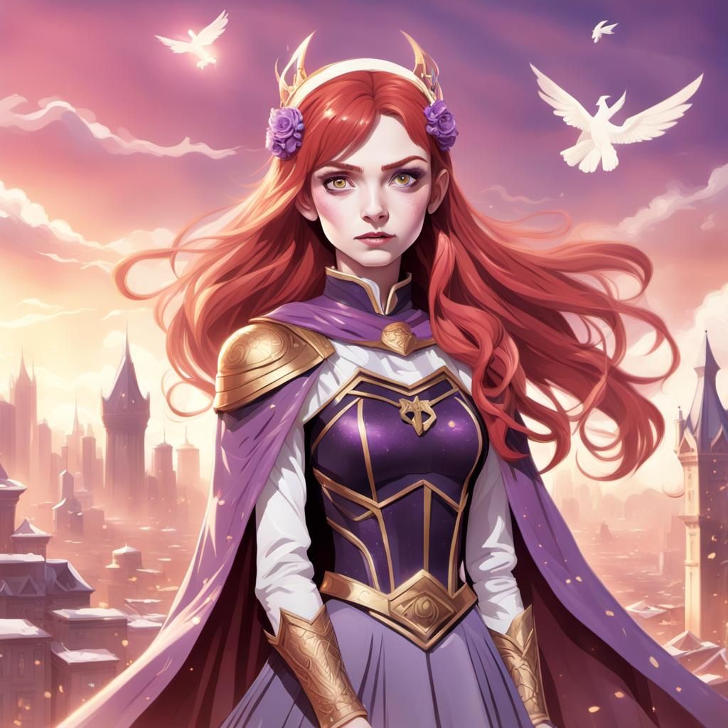 Red-Haired Heroine with Purple Cape in Matte Painting