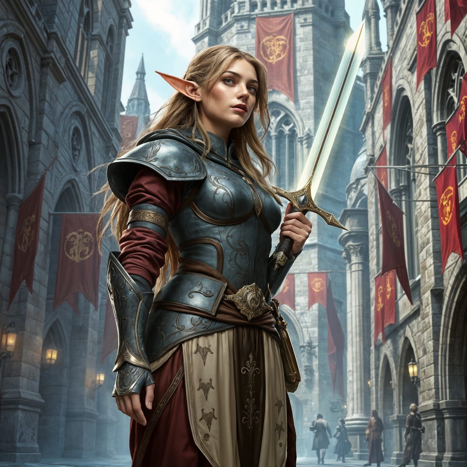 Elven Fighter in Medieval City, D&D Fantasy Art