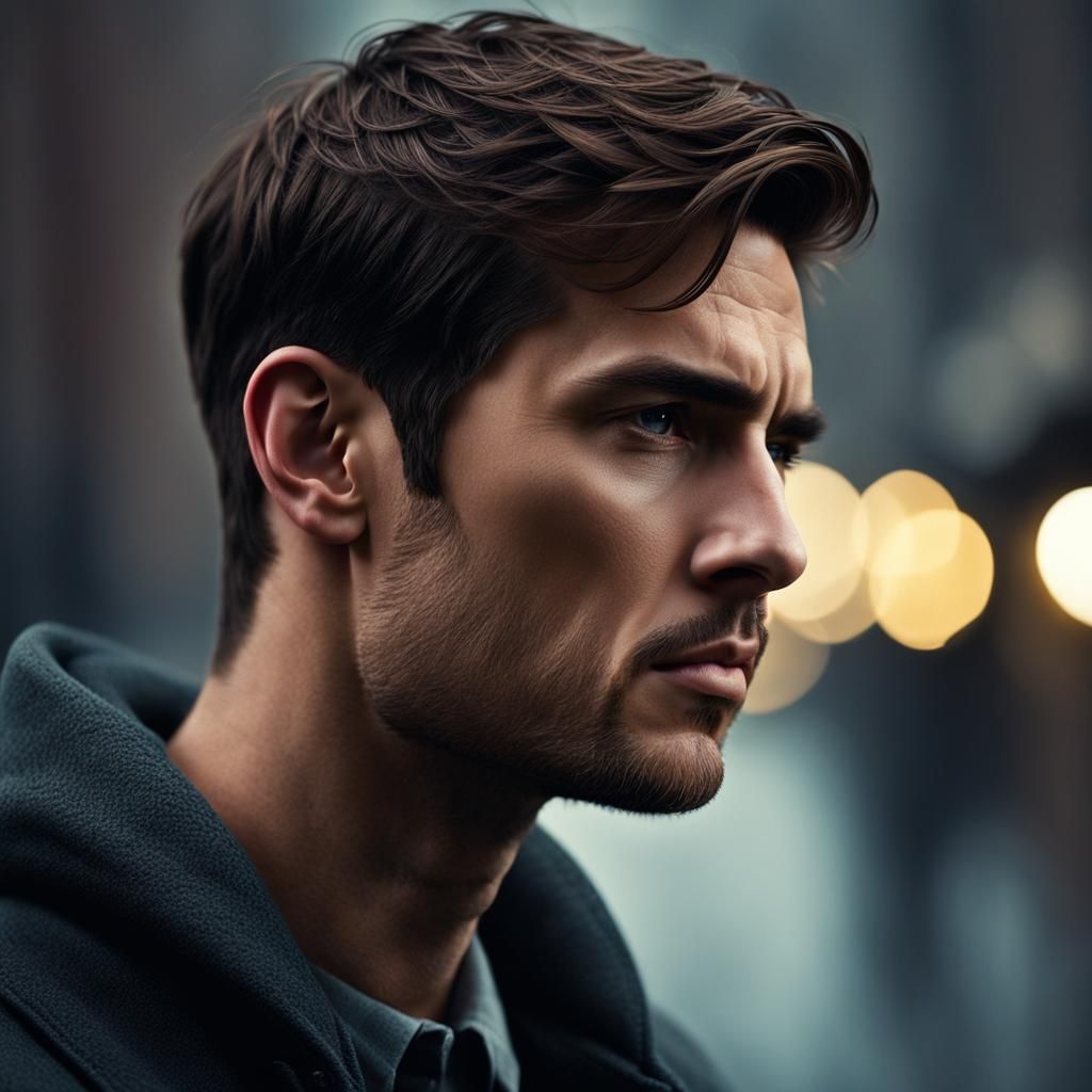 Sad Man with Short Hair in Dramatic Lighting