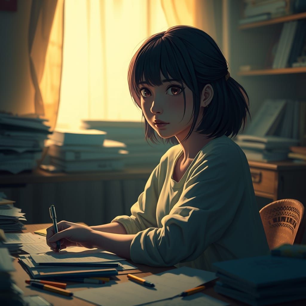 Young Woman Contemplates in Cozy Study
