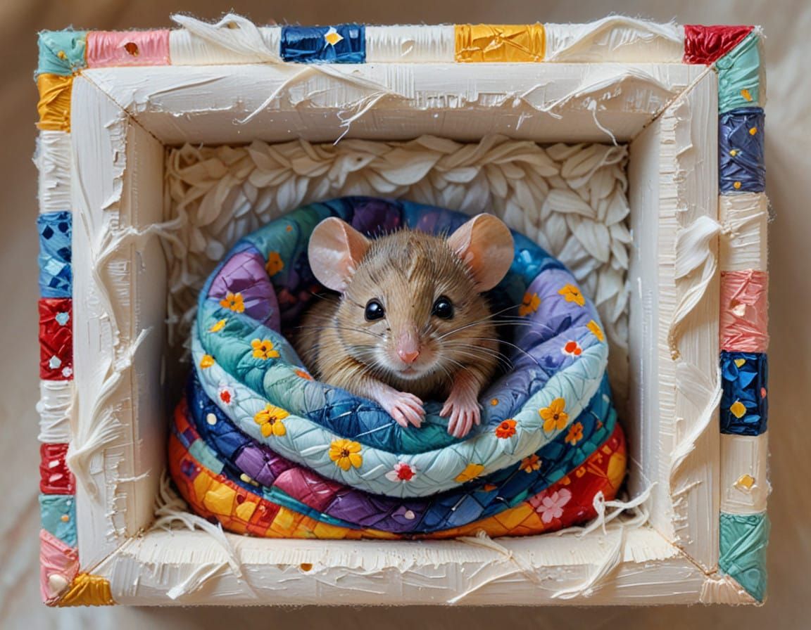 Adorable Neo-Impressionist Mouse in Dreamy Quilted Bed