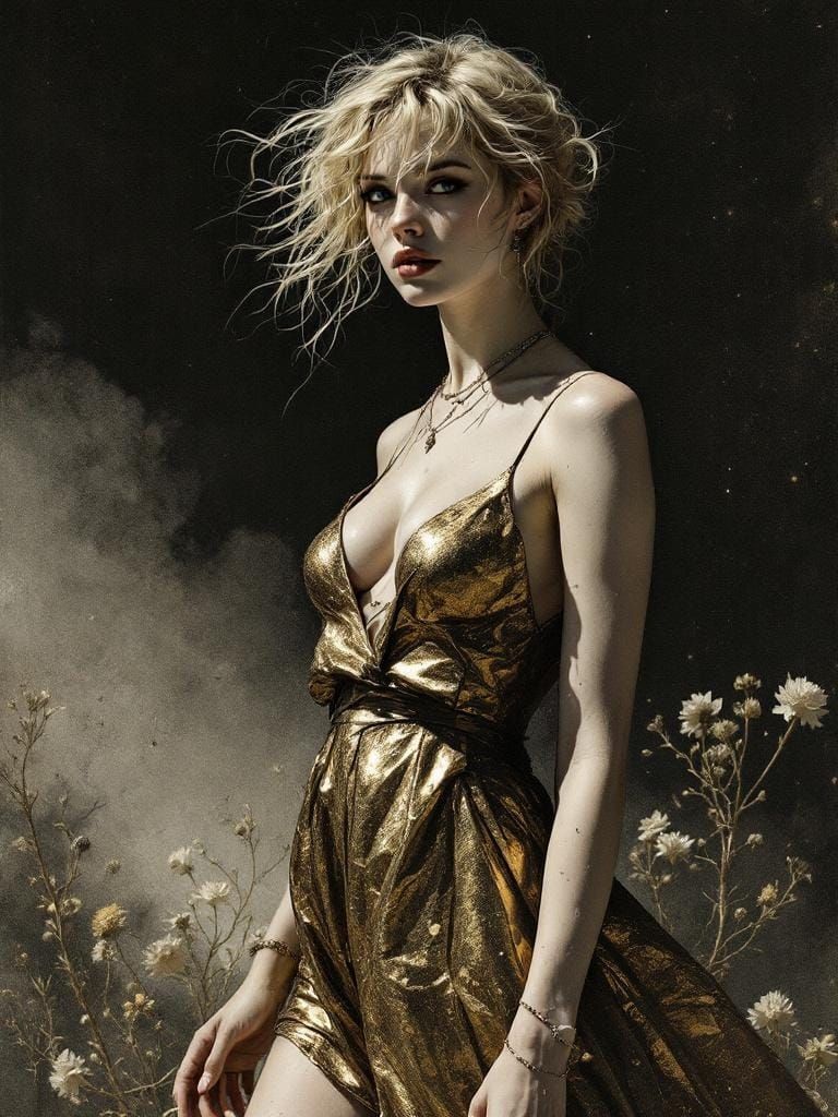 Swedish Pin-Up in Scrimshaw Style with Gold Sundress