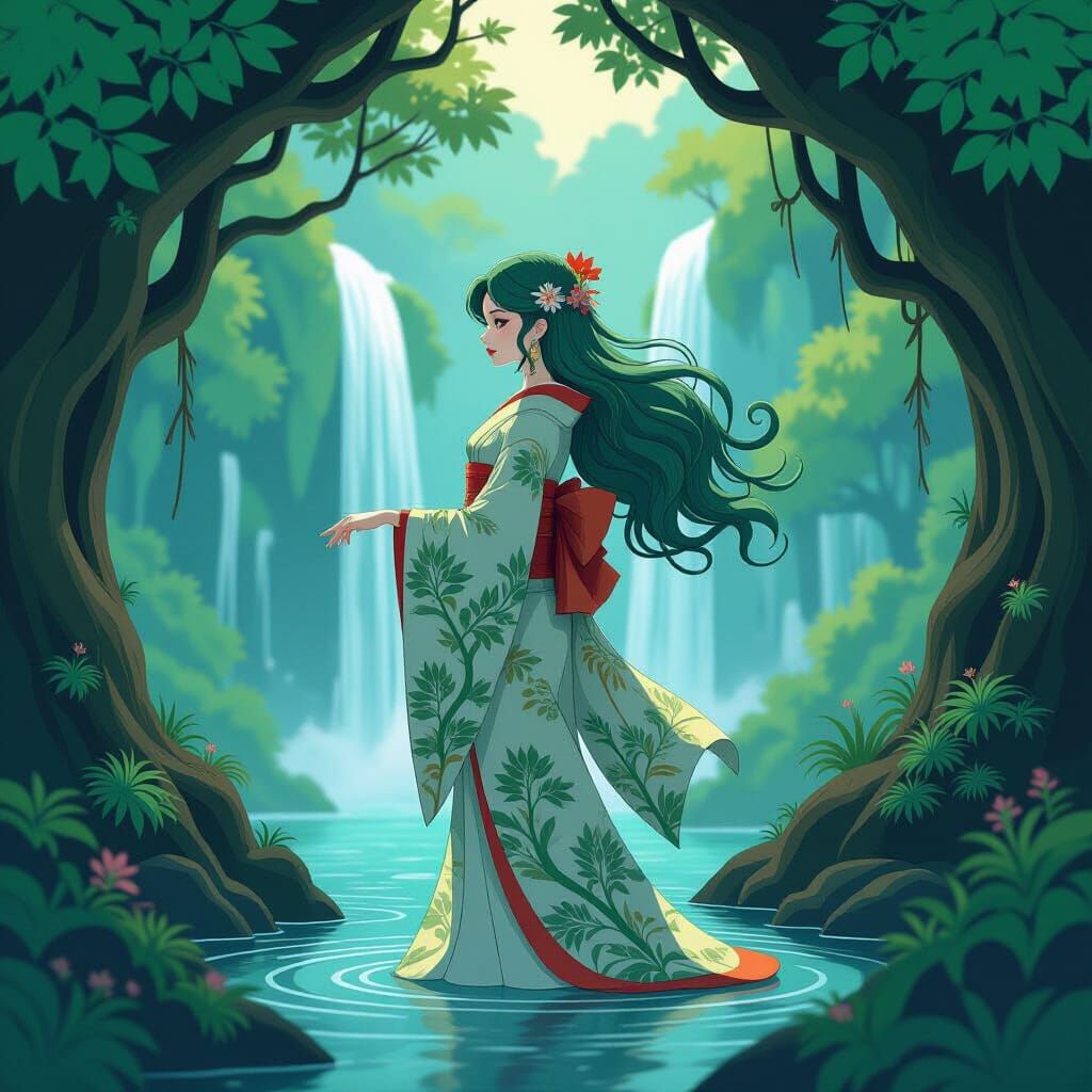Mystical Woman at Hidden Waterfall in Papercraft Style